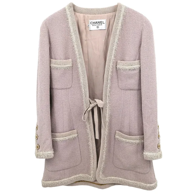 Chanel Single Breasted Collarless Tweed Jacket Pink #36 in Pink Tweed from AMORE Vintage Tokyo