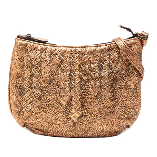 Gold Bottega Veneta Intrecciato Trimmed Metallic Leather Crossbody in Gold Woven leather from Designer Revival