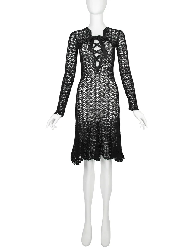 Dolce & Gabbana Vintage 1990s Black Crochet Dress in Black Satin from Amarcord Vintage Fashion