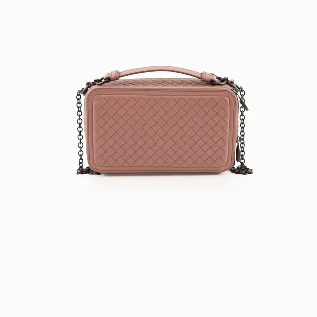 Bottega Veneta Intrecciato Double Zip Camera bag Dusty Pink in Pink Woven leather from The Purse Affair