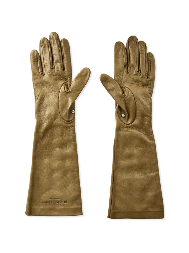 Bottega Veneta Leather With Embossed Logo Gloves — Gold in Gold Leather from HEWI
