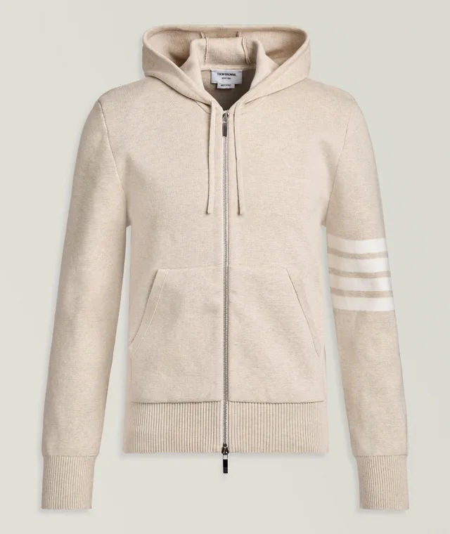 Thom Browne Milano Stitch 4-Bar Zipped Hooded Sweater in Beige Cotton & Cotton Blends from Harry Rosen, photo 1 of 1