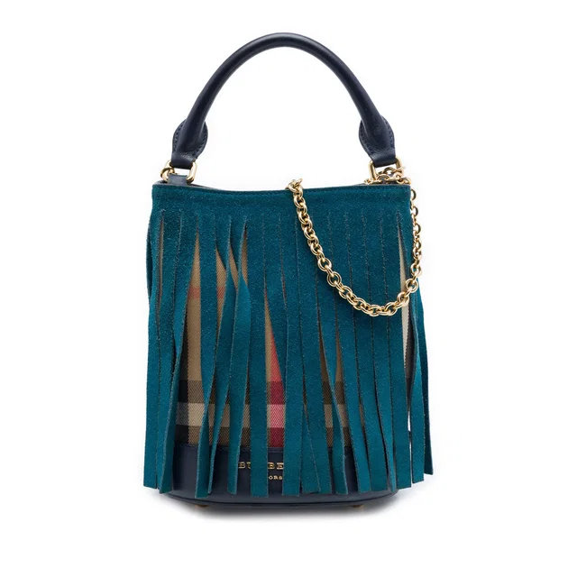 Blue Burberry Prorsum House Check Canvas and Suede Fringe Bucket Bag Satchel in Blue Suede from Designer Revival
