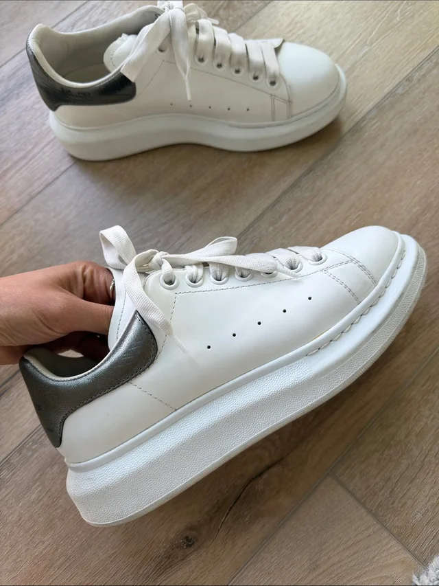Alexander McQueen White Leather Sneakers With Silver Heel Tab in silver|gray|white Leather from Poshmark