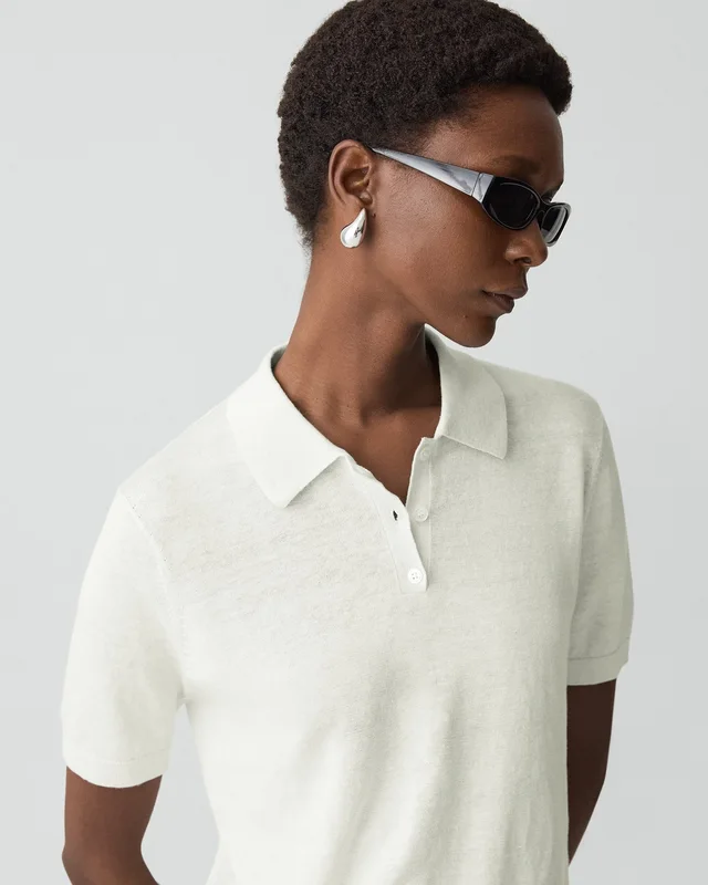 Theory Sheer Polo Shirt in Linen Knit in LIGHT SEA GLASS, photo 4 of 14 from Theory