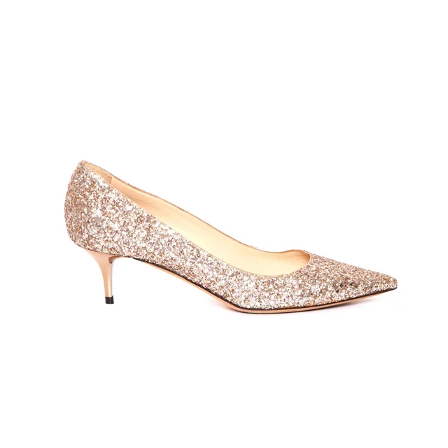 Jimmy Choo Glitter Romy Pumps 38.5 in Gold Leather from Revivre Luxury Consignment