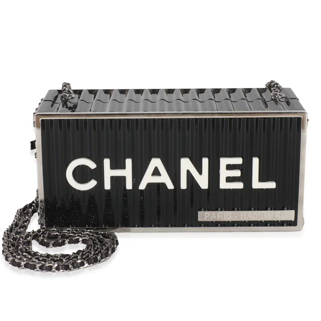 Chanel 18A Black Lucite Paris Hamburg Minaudiere Shipping Container Clutch in Black Resin from myGemma