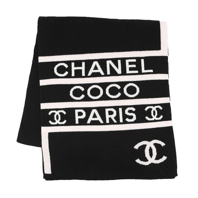 Chanel Scarf CC Logo Cashmere Shawl Black White Pink in Black Cashmere from The Reluxe