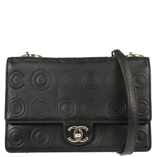 Chanel 2019 Black Embossed Calfskin Coco Shoulder Bag in Black Calfskin from AMORE Vintage Tokyo