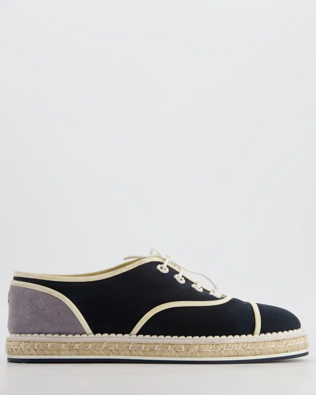 Chanel Navy Canvas, Raffia Platform & Grey Suede Lace Up Espadrille with Pearls Details Size EU 40… in Navy Suede from Sellier