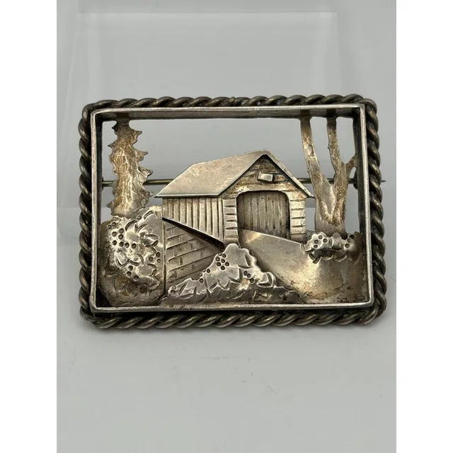 Vtg Covered Wooden Bridge 3d Country Brooch Sterling Silver Art Fred Dodson 925 in silver|gray from Poshmark, photo 1 of 1