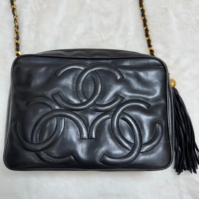 Chanel Black Lambskin Triple CoCo Shoulder/Crossbody Bag with Tassel in Black Lambskin from SparklesnDreams