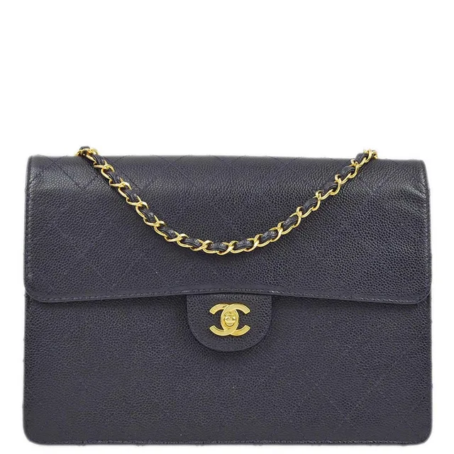 Chanel 1997-1999 Navy Caviar Single Flap Shoulder Bag in Navy Caviar leather from AMORE Vintage Tokyo
