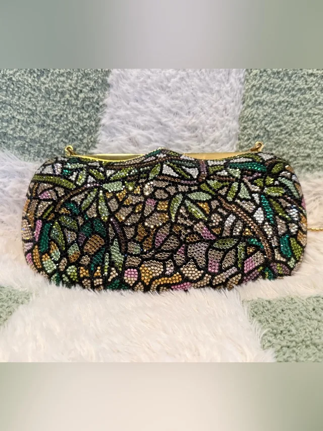 Judith Leiber Crystal Minaudire Floral Mosaic Clutch in green|pink Leather from Poshmark