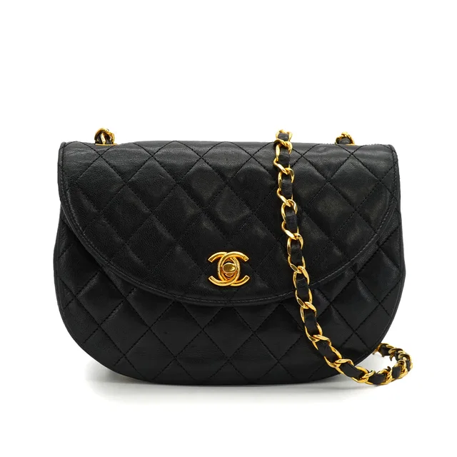 Chanel Vintage Matelasse Half Moon Chain Shoulder Bag Black Lamb Skin in Black from Luxury Promise