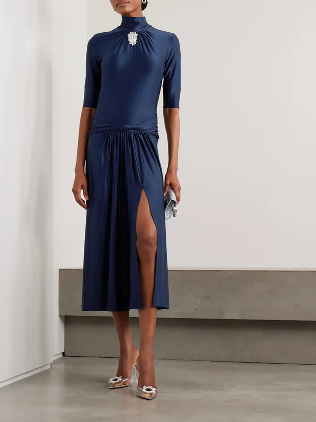 RABANNE Crystal-embellished gathered satin-jersey midi dress in Blue, photo 2 of 2 from NET-A-PORTER (Canada)