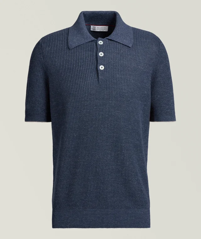 Brunello Cucinelli Ribbed Linen-Cotton Polo Sweater in Blue Linen & Linen Blends from Harry Rosen, photo 1 of 1