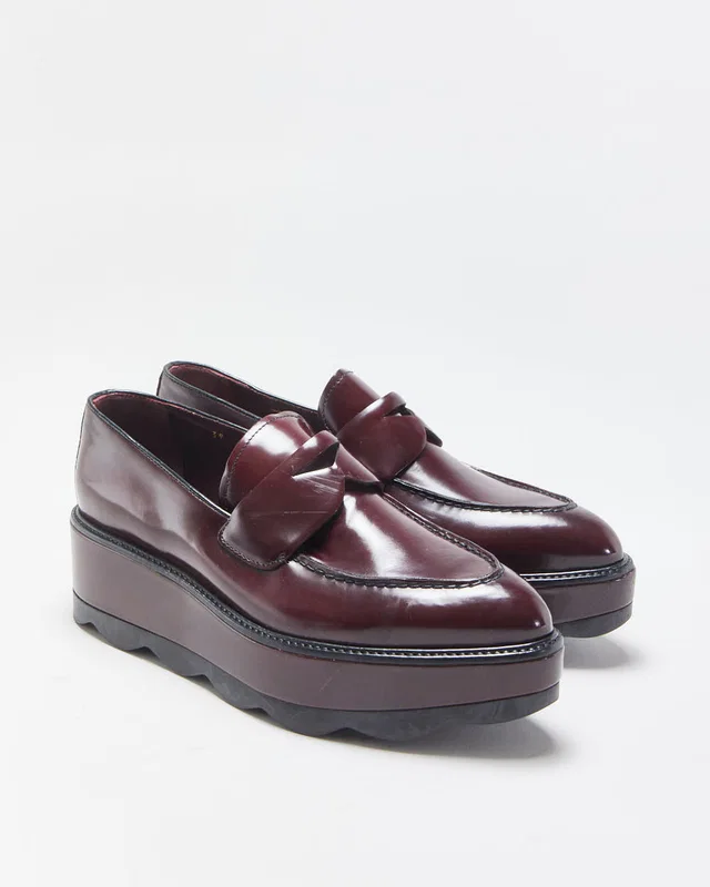 Prada Women's Mahogany Red Monolith Leather Platform Pointed Toe Loafers - UK6 in Red Leather from Rokit Vintage