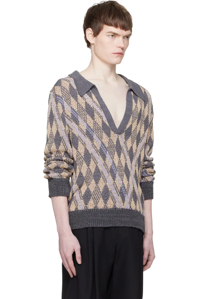 Dries Van Noten Gray & Beige Knit Polo, photo 2 of 5 from SSENSE