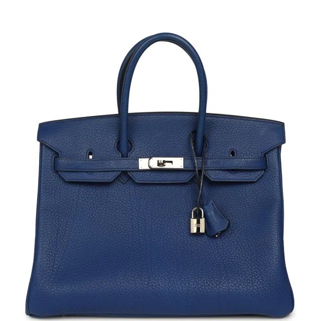 Hermès Vintage Birkin 35 Bleu Saphir Fjord Palladium Hardware in Blue Goatskin from Madison Avenue Couture