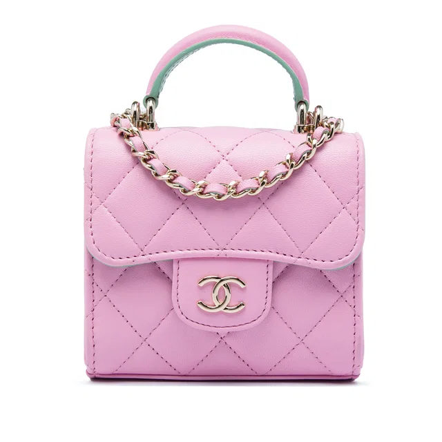 Pink Chanel Mini CC Quilted Lambskin Top Handle Clutch with Chain Satchel in Pink Lambskin from Designer Revival