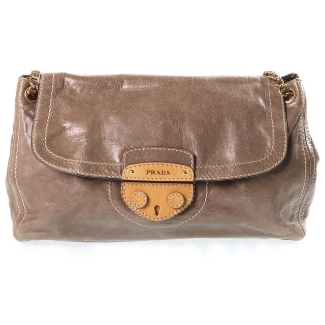 Prada Chain Shoulder Bag Vitello Shine Greige in Taupe from The Reluxe