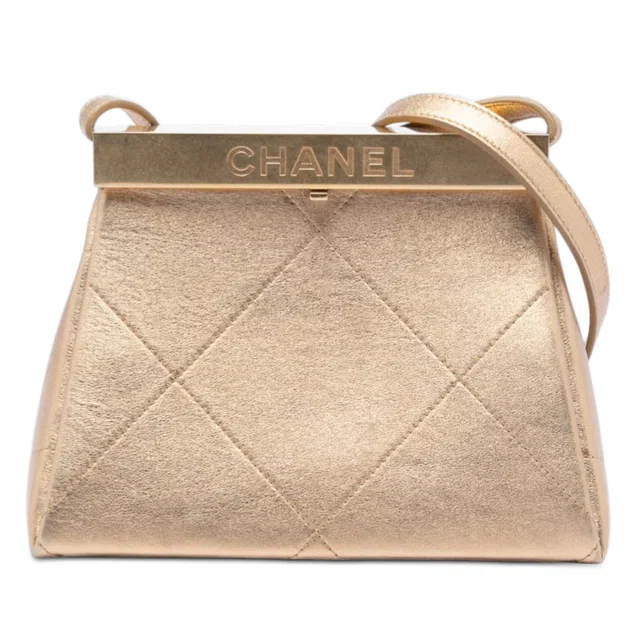 Gold Chanel Small Calfskin Kiss Lock Frame Bag in Gold Calfskin from Designer Revival