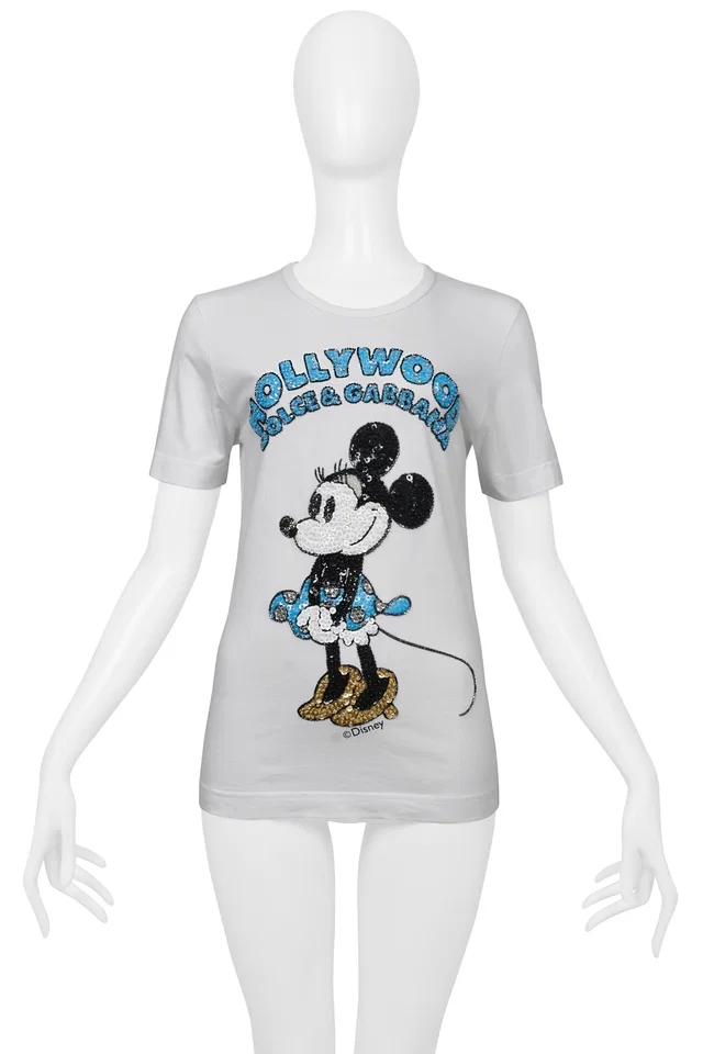 Dolce & Gabbana White "Hollywood" T-shirt With Sequined Minnie Mouse in White from Resurrection Vintage