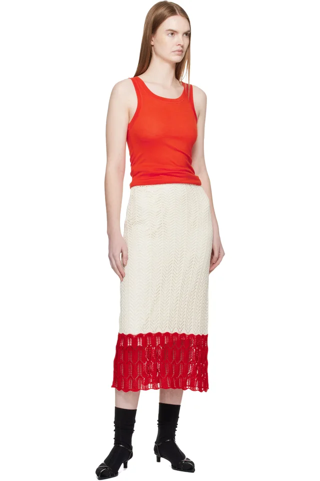 Jil Sander Off-White & Red Bicolor Lace Midi Skirt, photo 4 of 4 from SSENSE