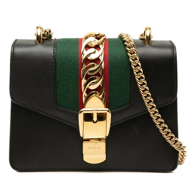 Black Gucci Mini Calfskin Web Sylvie Chain Satchel in Black Calfskin from Designer Revival