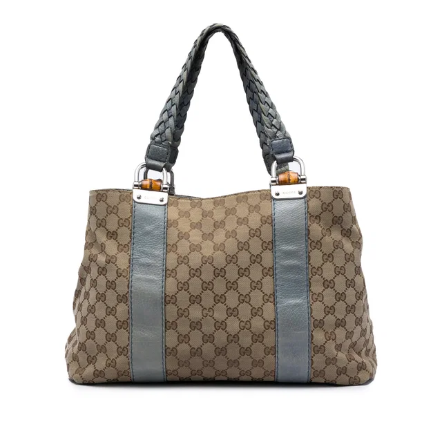 Beige Gucci Medium GG Canvas Bamboo Libeccio Tote in Beige Canvas from Designer Revival