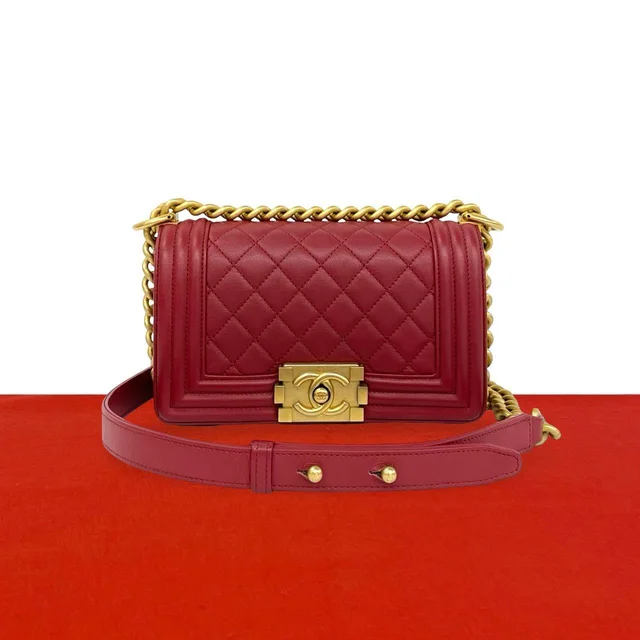 Chanel Boy Quilted CC Logo Lambskin 2-Way Shoulder Bag Red in Red Lambskin from The Reluxe