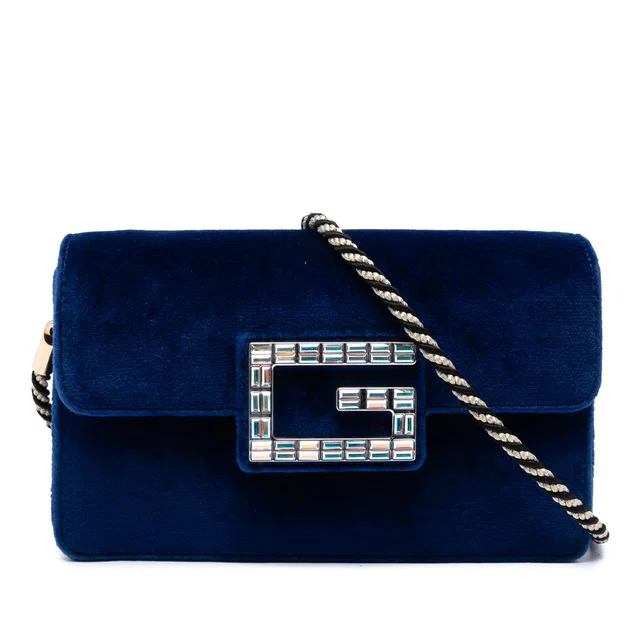 Blue Gucci Crystal G Velvet Broadway Crossbody in Blue Velvet from Designer Revival