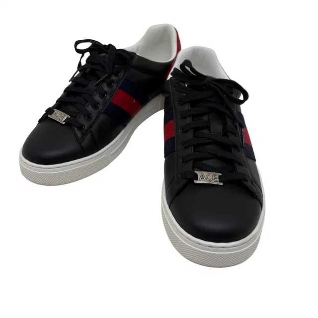 Gucci Ace Sneakers 7.5 Black Red Navy Leather Fabric in Black Leather from The Reluxe
