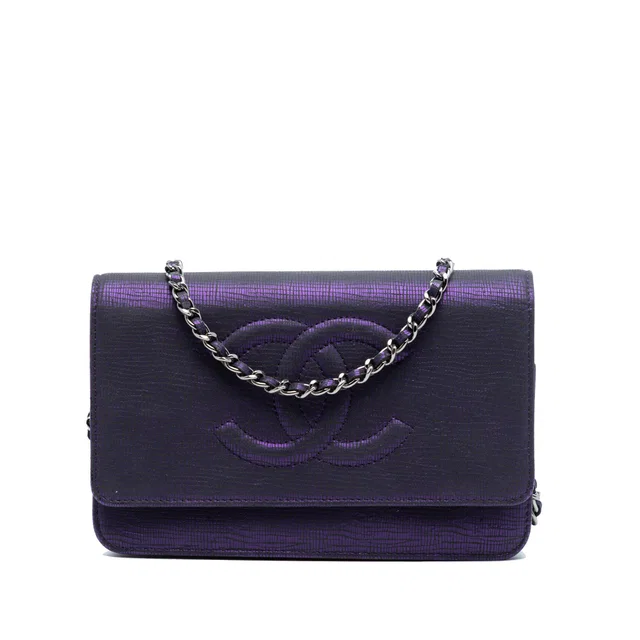 Purple Chanel CC Metallic Crackling Lizard Printed Leather Wallet on Chain Crossbody Bag in Purple Lizard from Designer Revival