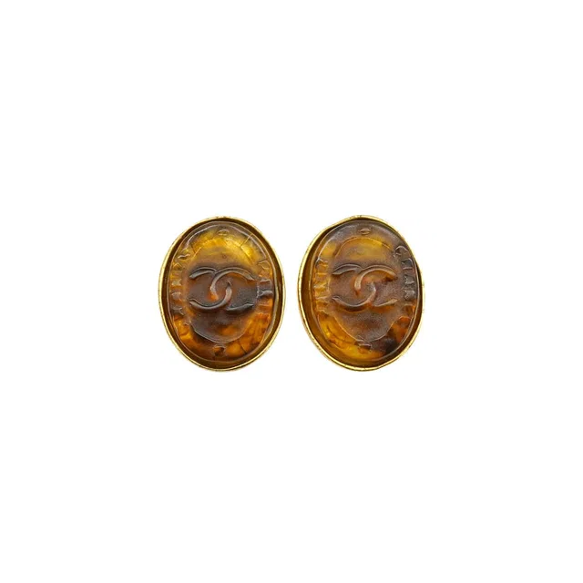 Chanel Vintage Earrings Cocomark Color Stone Gold Brown Accessory 99A in Brown from Luxury Promise