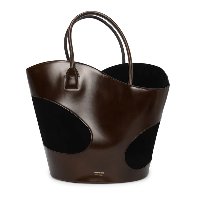 Ferragamo & Suede Large Cut-Out Tote in Brown & Black Calfskin from Blue Spinach