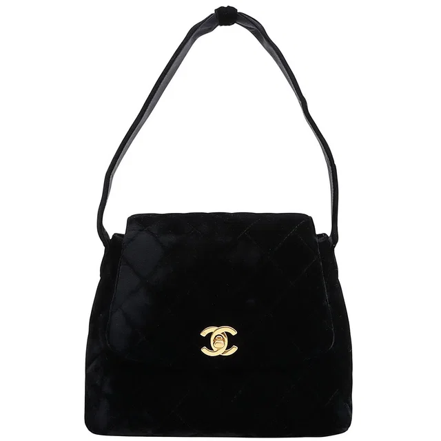 Chanel Made circa 1997, velvet matelassé stitch CC turn-lock handbag, black in Black Velvet from VINTAGE QOO TOKYO