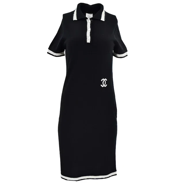 Chanel 2004 Fall CC Logo Cashmere Polo Dress #40 in Black Cashmere from AMORE Vintage Tokyo