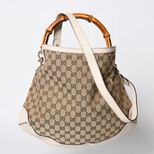 Gucci Bamboo 2-Way Hand Bag Handbag GG Canvas Beige Ivory in White Canvas from The Reluxe