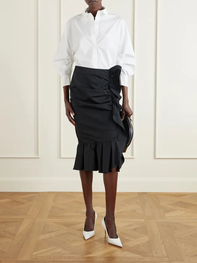 CAROLINA HERRERA Ruched cotton-blend midi skirt in Black, photo 2 of 2 from NET-A-PORTER (Canada)