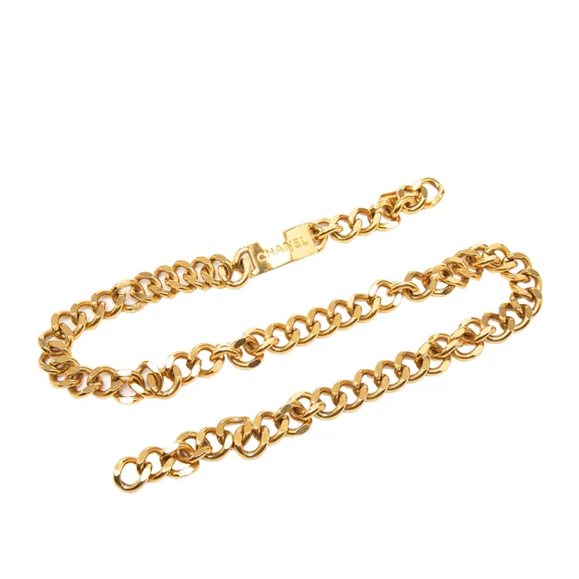 Gold Chanel Gold Plated Logo Plate Chain Belt in Gold from Designer Revival