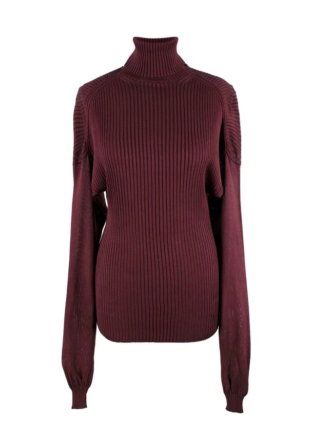 Bottega Veneta Burgundy Long Sleeve Ribbed Turtleneck Top in Burgundy Silk from HEWI