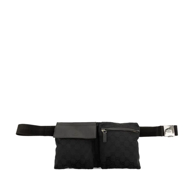 Black Gucci GG Canvas Double Pocket Belt Bag in Black Canvas from Designer Revival