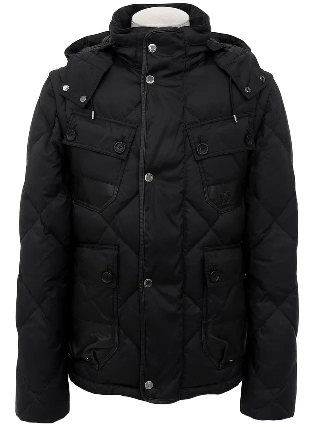 Louis Vuitton Logo Button 2-Way Down Coat #46 Black in Black Nylon from VINTAGE QOO TOKYO