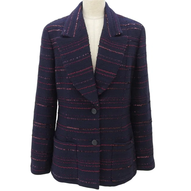 Chanel 2000 Sequin Rhinestone CC Mark Button Jacket #40 Navy/Bordeaux in Burgundy Wool from VINTAGE QOO TOKYO
