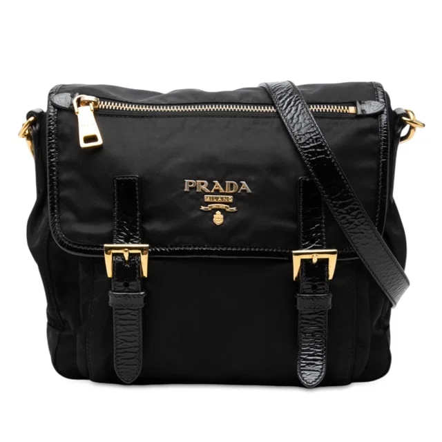 Black Prada Tessuto Zip Double Buckle Messenger Bag in Black Nylon from Designer Revival