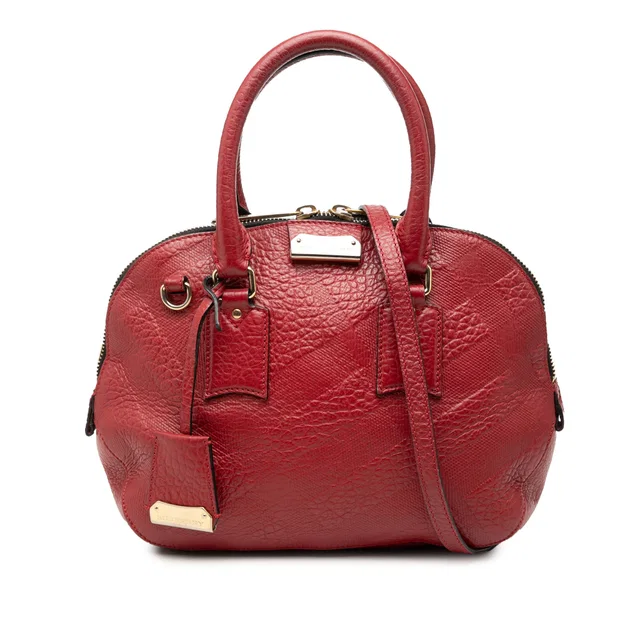 Red Burberry Small Heritage Grain Check Embossed Leather Orchard Bowling Bag Satchel in Red Leather from Designer Revival