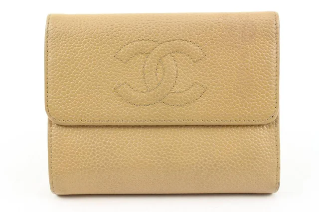Chanel Beige Caviar CC Logo Trifold Compact Wallet in Beige Caviar leather from Bagriculture