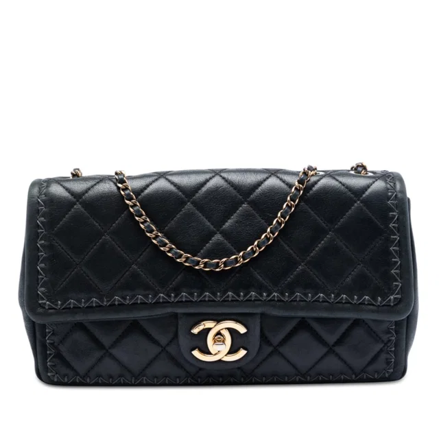Black Chanel CC Quilted Iridescent Calfskin Whipstitch Single Flap Shoulder Bag in Black Calfskin from Designer Revival